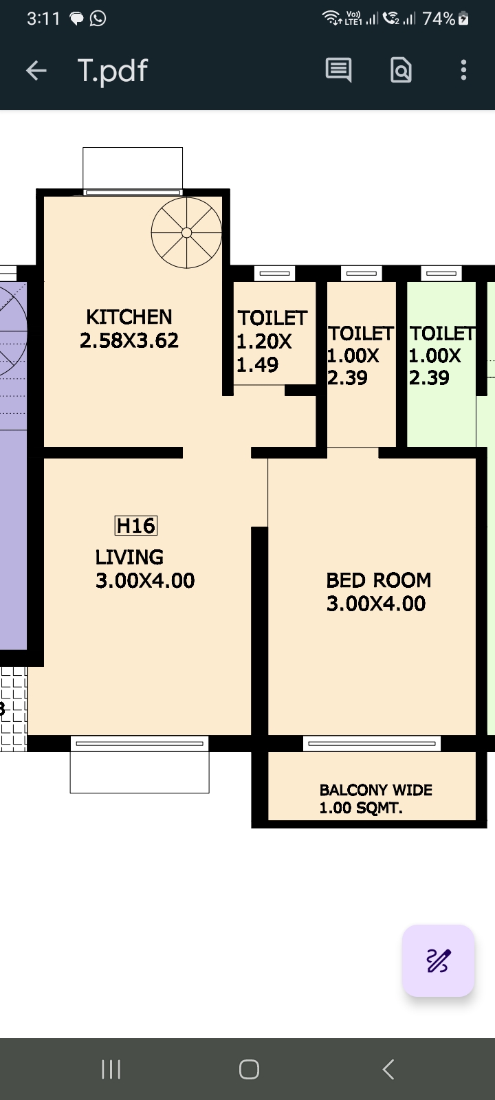 1 BHK flat layout (H16) — kitchen, three toilets, living room, bedroom and balcony