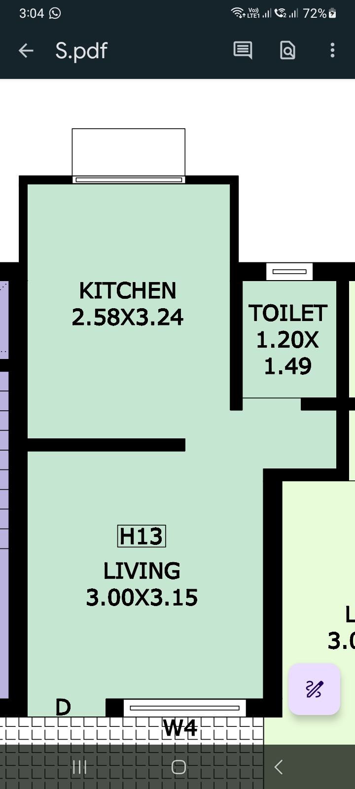 1 RK flat layout (H13) — kitchen, toilet and living room